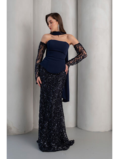 Lafaba Kadın Lacivert Şal Yaka Payetli Uzun Abiye Elbise