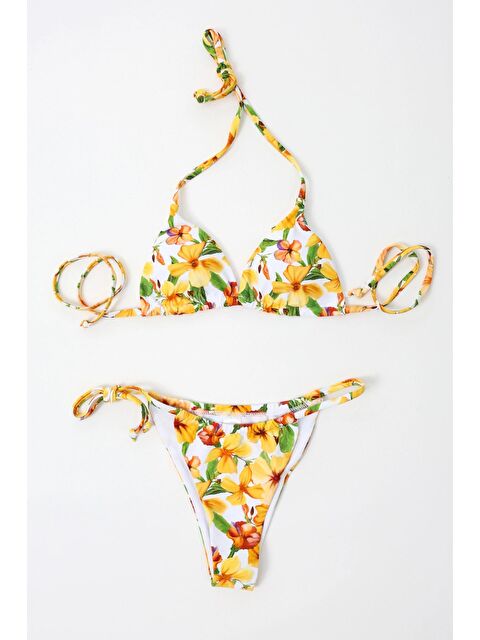 Hazelin Kadın Oranj Çiçek Desenli Astarlı İp Bağlamalı Üçgen Bikini Takım HZL24S-LC2231 - S000233083-20013