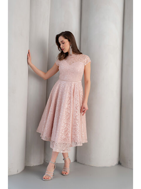Lafaba Kadın Pudra Kısa Kollu Payetli Midi Kloş Söz Nişan Nikah Abiye Elbise