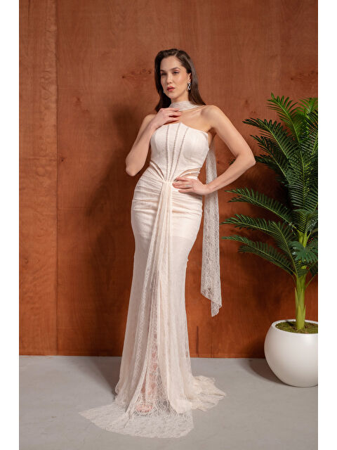 Lafaba Kadın Pudra Straplez Yırtmaçlı Dantel Detay Uzun Abiye Elbise