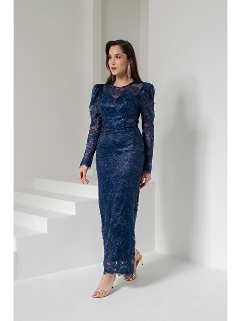 Lafaba Kadın Lacivert Dar Kalıp Bisiklet Yaka Dantelli Uzun Kol Abiye Elbise