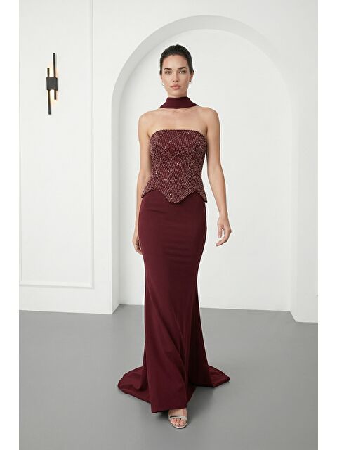 Lafaba Kadın Bordo Dar Kalıp Straplez Taşlı Uzun Balık Abiye