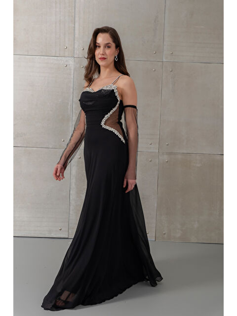 Lafaba Kadın Siyah Taşlı Şifon Uzun Abiye Elbise