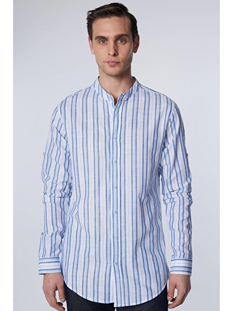 TUDORS Slim Fit Uzun Kollu Dar Kalıp Çizgili Hakim Yaka Kol Katlamalı Keten Doku Yazlık Erkek Gömlek