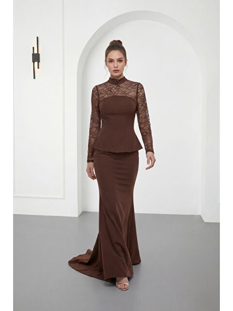 Lafaba Kadın Kahverengi Dantel Detay Uzun Balık Abiye Elbise