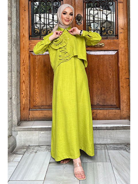 Julude Gömlek Kombinli Askılı Güllü Tesettür Elbise - S000208093-18194