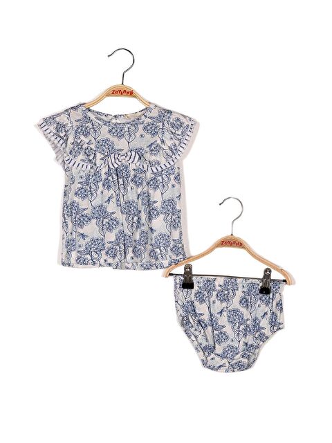 MİNİNİO Kız Bebek Mavi Çiçek Desenli Bluz Ve Çiçek Desenli Külot Takım - S000325952-19965