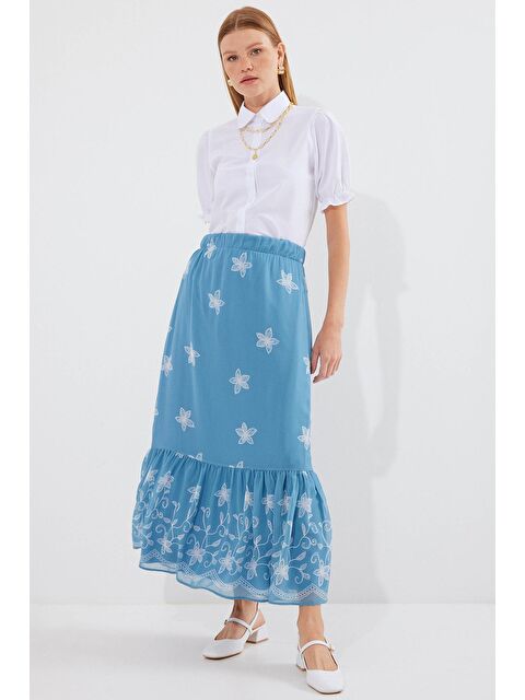 Bigdart 8010 Desenli Şifon Etek - İndigo - S000153568-23093