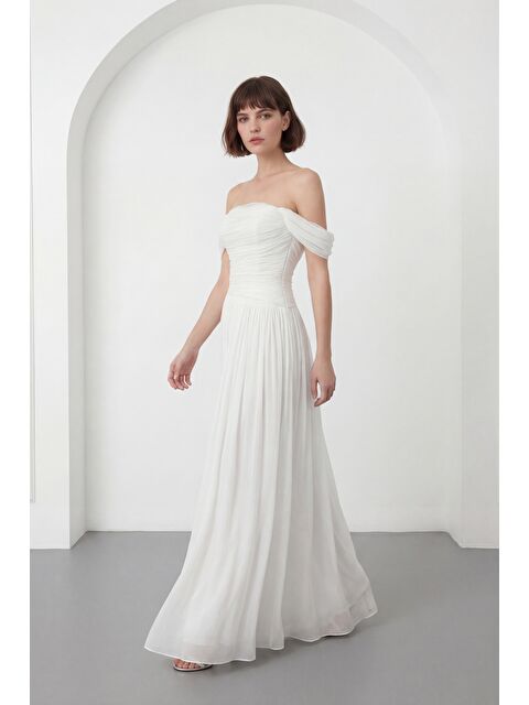 Lafaba Kadın Beyaz Kayık Yaka Drapeli Uzun Söz Nişan Nikah Abiye Elbise