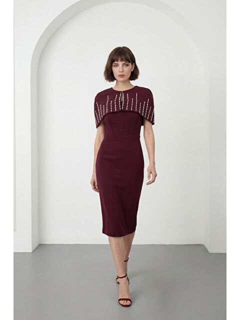 Lafaba Kadın Bordo Dar Kalıp Ceketli Taşlı Midi Söz Nişan Nikah Abiye Elbise