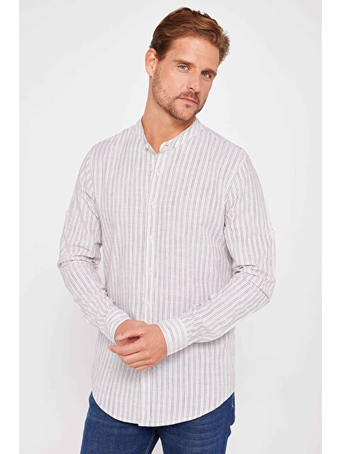 TUDORS Erkek Slim Fit Dar Kesim Uzun Kollu %100 Pamuk Keten Doku Çizgili Hakim Yaka Gömlek