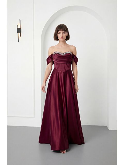 Lafaba Kadın Bordo Kayık Yaka Taşlı Uzun Söz Nişan Nikah Abiye Elbise