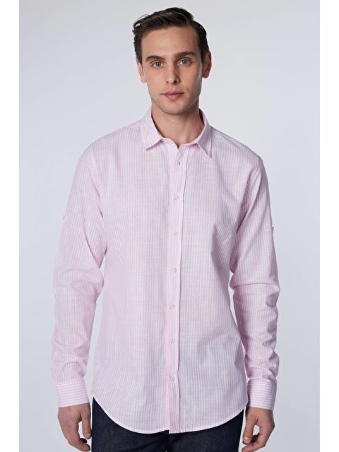 TUDORS Erkek Slim Fit Dar Kesim Uzun Kollu %100 Pamuk Keten Doku Çizgili Gömlek