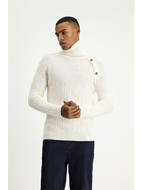 Kiğılı Balıkçı Yaka Slim Fit Dar Kesim Desenli Yünlü Triko Kazak - S000405102-19965