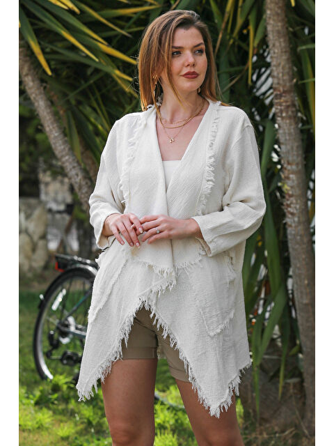 Chiccy Organik Pamuk Ekru Şal Yaka Uzun Kol Pis Dikişli Dokuma Casual Ceket - S000359996-19965