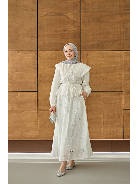 Locco Moda Kadın Bebe Yaka Dantel Detay Takım Beyaz