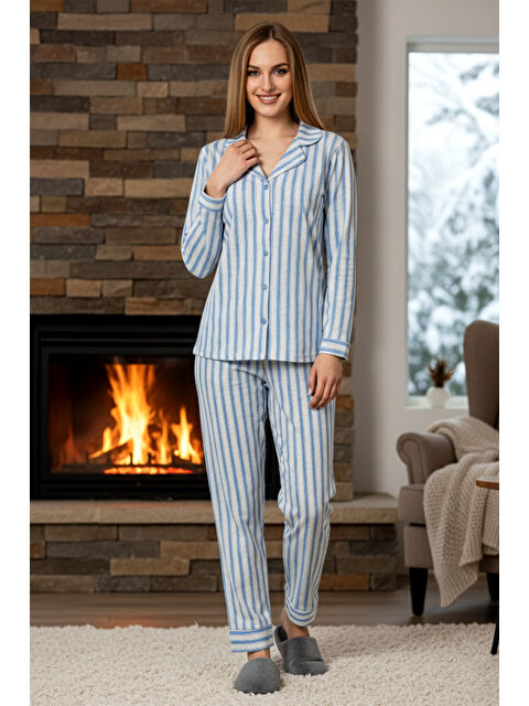 Remsa Kadın Çizgili Desen Önü Düğmeli Suprem Pijama Takımı 0526 Mavi07 - S000510379-17234