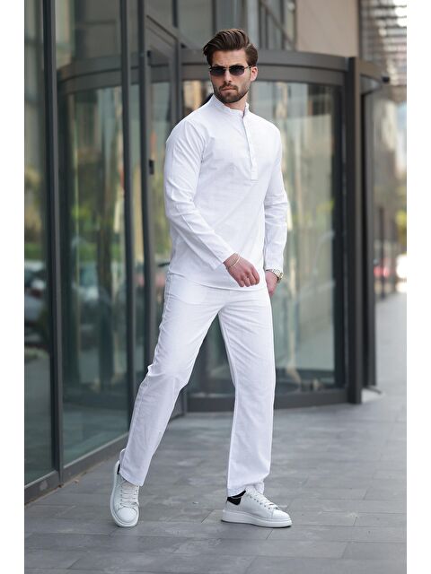 Madmext Beyaz %100 Pamuk Keten Erkek Gömlek Takım E7310 - S000445063-20063