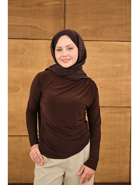 Locco Moda Kadın Uzun Kollu Büzgü Detay Bluz Kahverengi