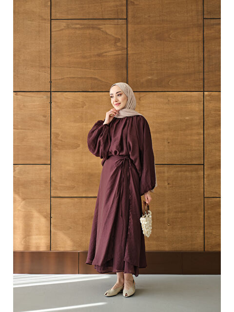 Locco Moda Kadın Tül Detay Pelerinli Etekli Takım Mürdüm