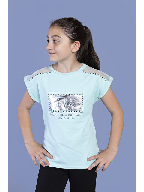 Toontoykids Kız Çocuk Omuzu Tül Detaylı Varak Baskılı Tişört