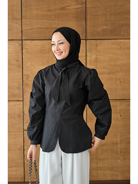 Locco Moda Kadın Fular Yaka Detaylı Kısa Gömlek Siyah - S000530541-19351