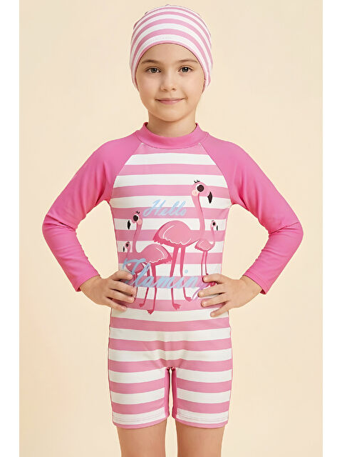 Modanino Kız Çocuk Mayo Takımı-Uzun Kollu Yüzücü Mayo ve Bone 4-12 Yaş 12639N