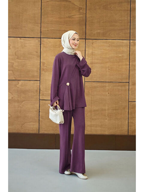 Locco Moda Kadın Yaka Bağlama Detay Tokalı Bisiklet Yaka Takım Mürdüm - S000530540-20036