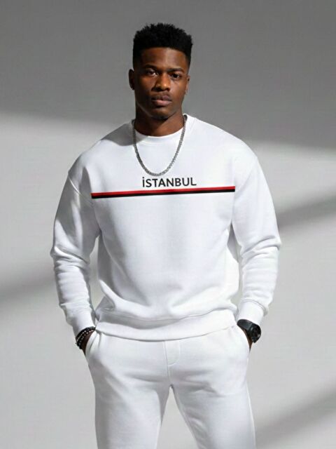 Trendseninle Beyaz İstanbul Baskılı Bisiklet Yaka Uzun Kollu Sweatshirt - S000504466-17219