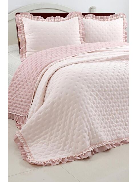 Çeyiz Diyarı Adriana Fırfırlı Elyaf Dolgulu Çift Kişilik 200x220 cm Kırlentsiz Yatak Örtüsü Pudra - S000492407-7152