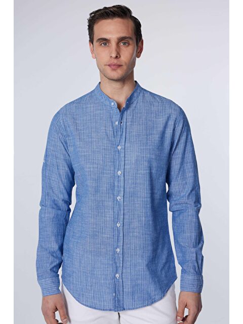 TUDORS Slim Fit Uzun Kollu Dar Kalıp Çizgili Hakim Yaka Kol Katlamalı Keten Doku Yazlık Erkek Gömlek