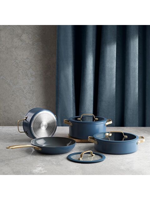 SCHAFER Sapphire 7 Parça Seramik Tencere Seti-Mavi/Gold - S000151511-17234