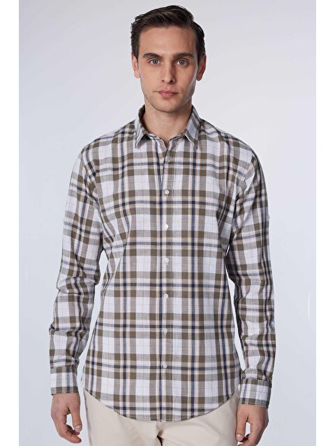 TUDORS Slim Fit Uzun Kollu Dar Kalıp Kareli Keten Doku Yazlık Erkek Gömlek