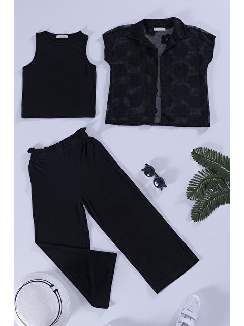 For You Kids 3'lü Çiçek Brodeli Siyah Gömlek Tshirt Pantolon Takım - S000226236-19351