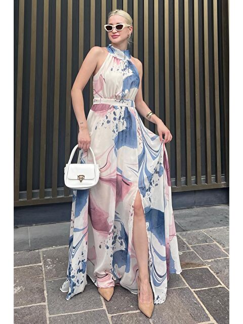 Madmext Pembe Halter Yaka Yırtmaç Detaylı Desenli Uzun Elbise Mg2162 - S000228120-20024