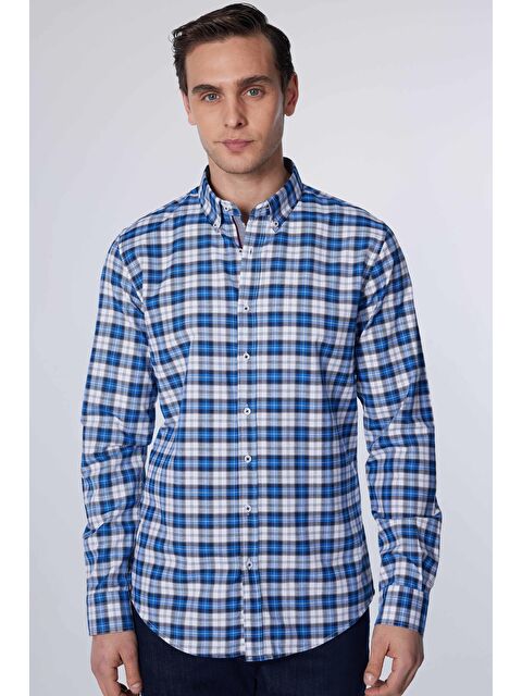 TUDORS Slim Fit Uzun Kollu Düğmeli Yaka Kareli Pamuklu Kolay Ütü Erkek Gömlek