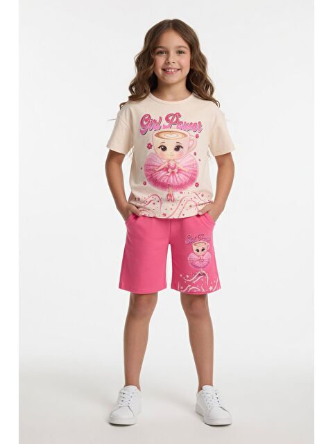 Cansın Mini Pembe Balerin Desenli Tişörtlü Kız Çocuk Şortlu 2li Takım 23878