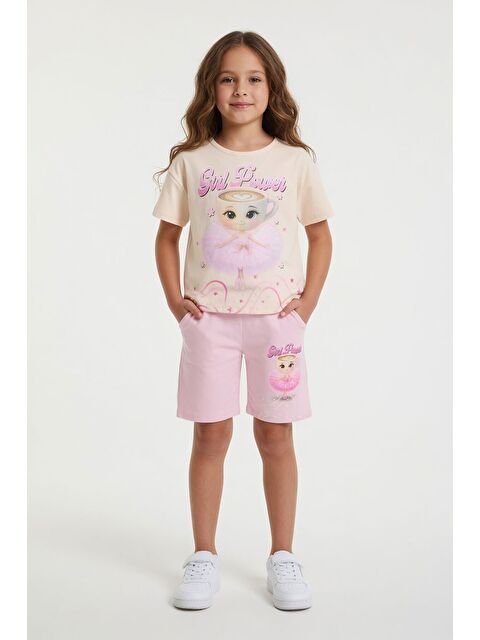 Cansın Mini Pudra Balerin Desenli Tişörtlü Kız Çocuk Şortlu 2li Takım 23881