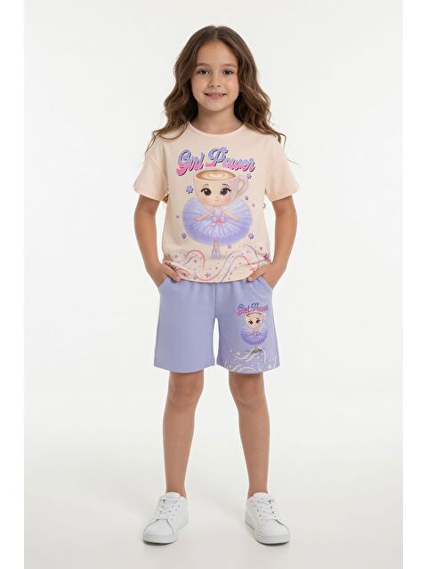 Cansın Mini Lila Balerin Desenli Tişörtlü Kız Çocuk Şortlu 2li Takım 23879