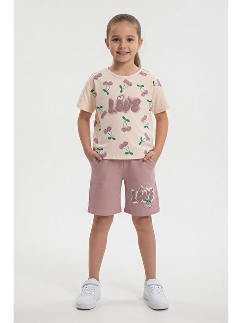 Cansın Mini Gül Kurusu Kiraz Desenli Love Yazılı Tişörtlü Kız Çocuk Şortlu Takım 23899
