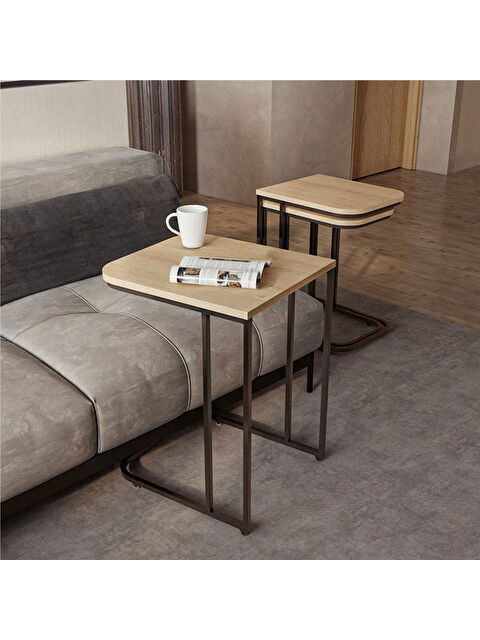 Just Home Metal Ayaklı Tekerlekli C Zigon Sehpa - Karina Meşe - 62x48x41 cm - S000477041-26430