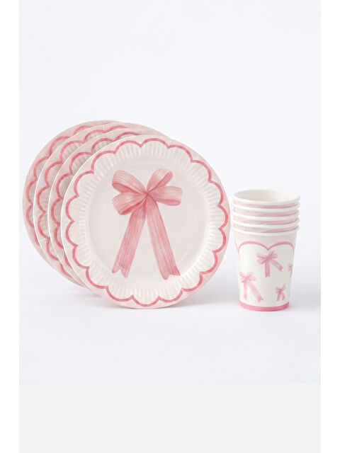 Le Mabelle Beyaz Fiyonk Temalı 8'li Tabak Barkak Set