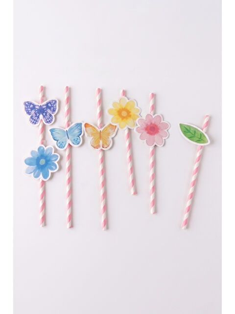 Le Mabelle Çok Renkli 8'li Kelebek ve Çiçek Temalı Kağıt Parti Pipeti