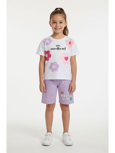 Cansın Mini Lila Çiçek Desenli Tişörtlü Kız Çocuk Şortlu 2 Takım 23852