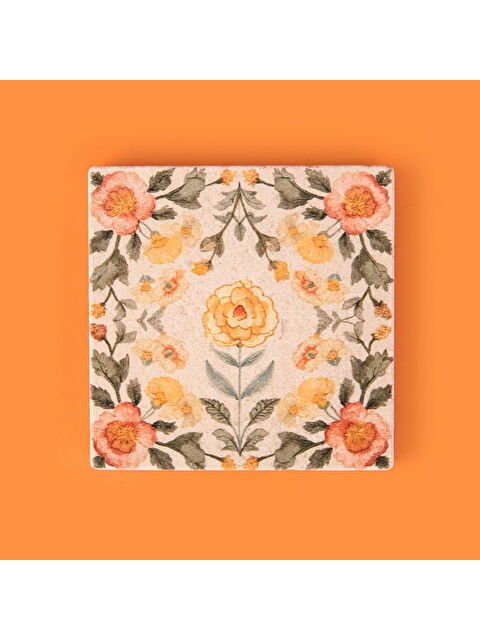 Evidea Kitchen Turuncu Çiçekli Taş Bardak Altlığı - Renkli - 10x10 cm - S000477061-23173