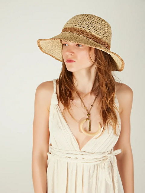 Luminos Butik Bej El Örgüsü Hasır Plaj Şapkası Geniş Kenarlı Renk Geçiş Detaylı Güneş Koruma Şapkası HSR2099
