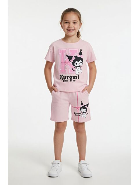 Cansın Mini Pudra Sevimli Tavşan Baskı Bisiklet Yaka Kız Çocuk Şortlu Takım 23948