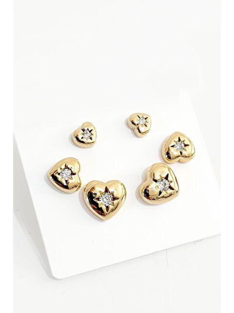 New Obsessions Altın Kaplama Kalp Figürlü Zirkon Taşlı Antiallerjik Küpe Seti 6'lı Paket - S000161081-20076