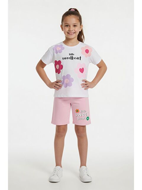 Cansın Mini Pembe Çiçek Desenli Tişörtlü Kız Çocuk Şortlu 2 Takım 23848