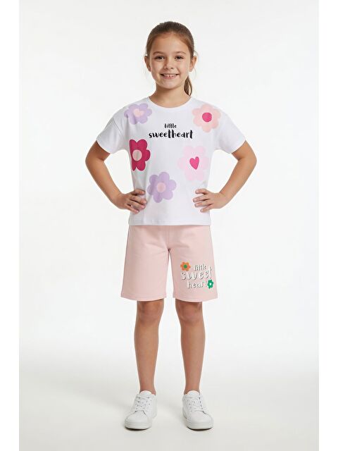 Cansın Mini Somon Çiçek Desenli Tişörtlü Kız Çocuk Şortlu 2 Takım 23851